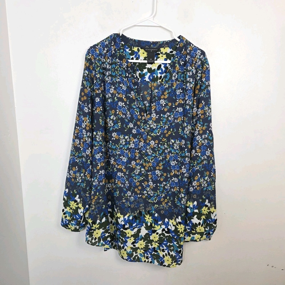 Investments Navy Multicolor Floral Long Sleeve Whimsical Flowy Blouse Size 3X